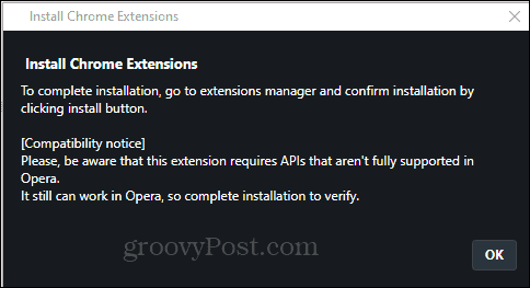 Opera Install Chrome paplašinājuma instalēšanas apstiprinājums