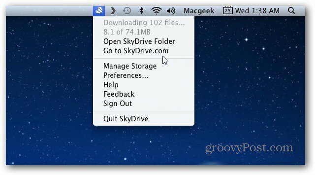 Mac izvēlnes joslas SkyDrive ikona