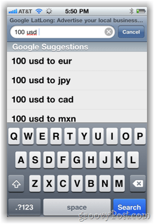 Google.com valūtas konvertors iPhone Mobile