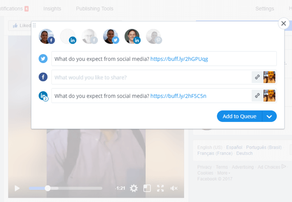 Tādi rīki kā Buferis var palīdzēt kopīgot Facebook Live video vairākās sociālo mediju platformās.