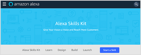 Amazon Alexa Skills Kit tīmekļa vietnē tiek parādīts rīks un iekļautas cilnes, kurās varat uzzināt, noformēt, veidot un palaist Alexa prasmes. 