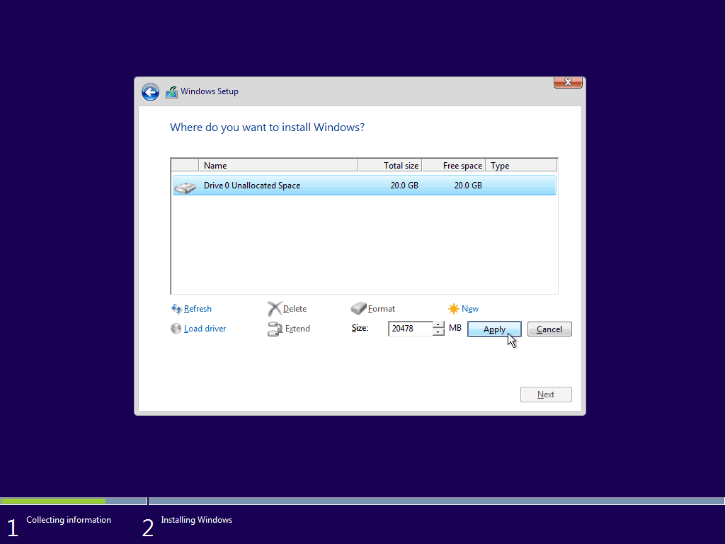 08 Izmantojiet maksimāli pieejamo vietu Windows 10 tīrā instalēšana