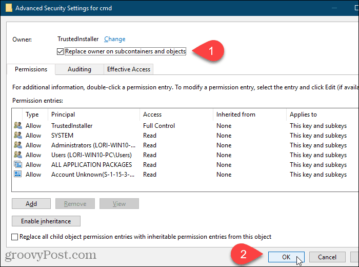 Windows reģistra redaktora dialoglodziņā Drošības papildu iestatījumi atzīmējiet izvēles rūtiņu Aizstāt īpašnieku apakškonteineros un objektos