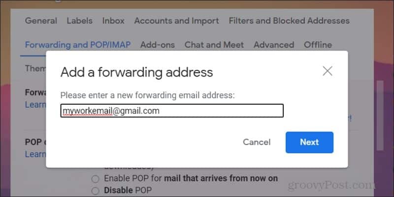 Pārsūtīšanas e-pasta pievienošanas ekrānuzņēmums