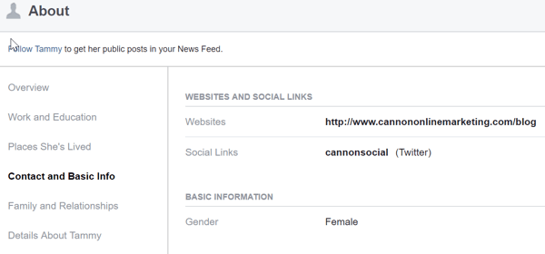 Personīgā Facebook profila sadaļā Par koplietojiet sava uzņēmuma vietni un saites uz sociālajām platformām, kurās darbojas jūsu bizness.