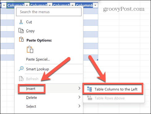 Excel ievietojiet tabulas kolonnas pa kreisi