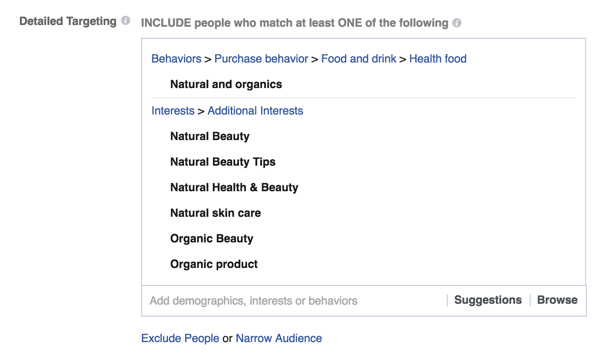 facebook reklāmas detalizētu mērķauditorijas atlases iespēju piemērs