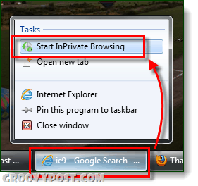 ie9 privāta pārlūkošana no uzdevumjoslas Windows 7