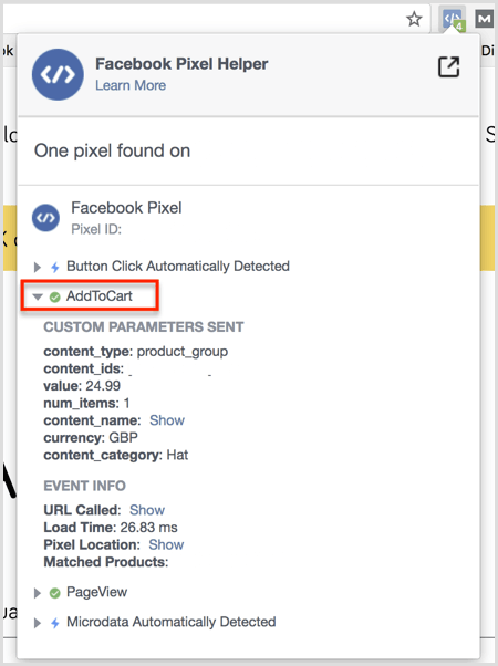 Facebook Pixel Helper spraudņa rezultāts ir lapā Pievienot grozam