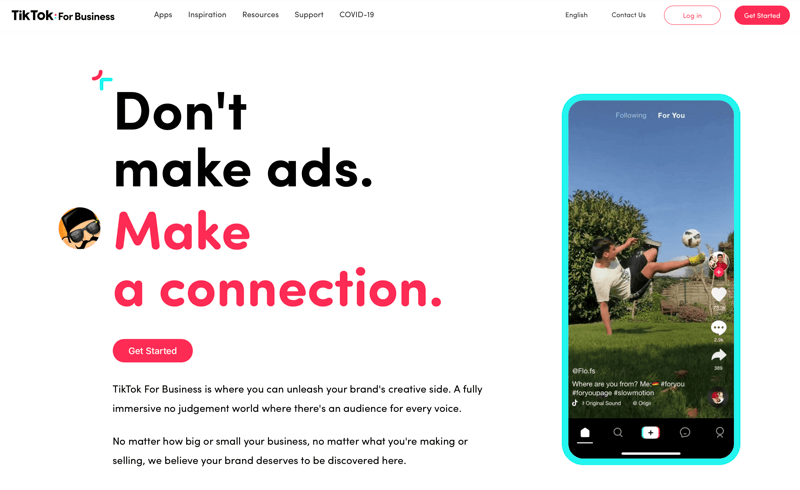 screenshot of tiktok for business noting 'don't make ads. izveido savienojumu. '