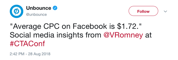 Atgriezties čivināt no 2018. gada 28. augusta, norādot, ka vidējā MPK Facebook ir 1,72 ASV dolāri par @VRomney vietnē #CTAConf.