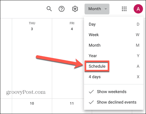 Google kalendārs izvēlieties grafika skatu