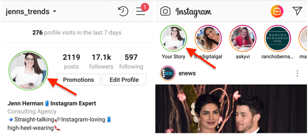 Zaļā apļa indikators jūsu Instagram profila attēlam, kad esat kopīgojis stāstu tuvu draugu sarakstā.