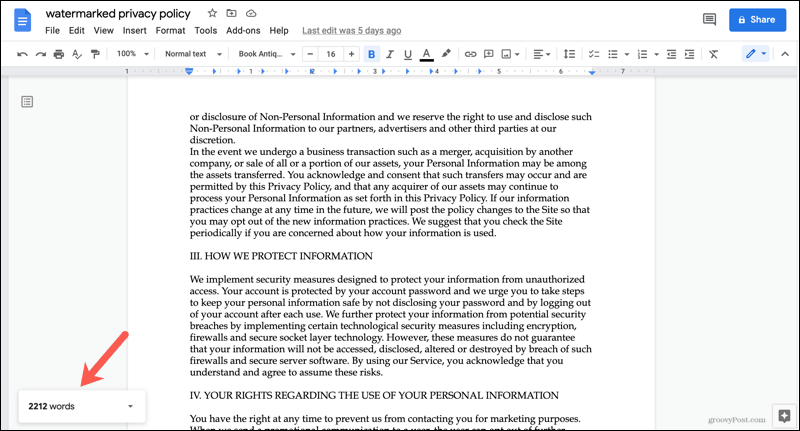 Vārdu skaits tiek parādīts Google dokumentos