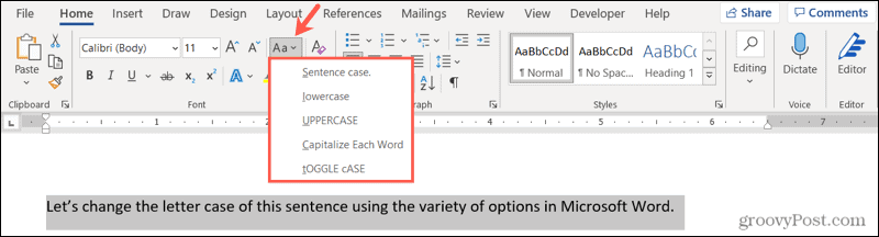 Mainiet burtu reģistru programmā Word operētājsistēmā Windows