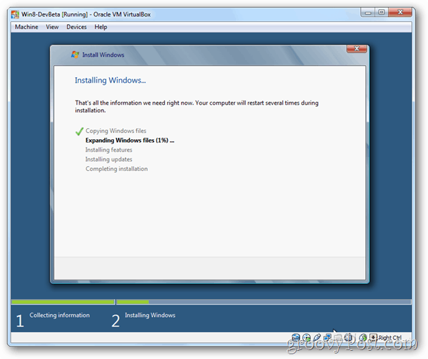 VirtualBox Windows 8 instalēšana Windows ekrānā