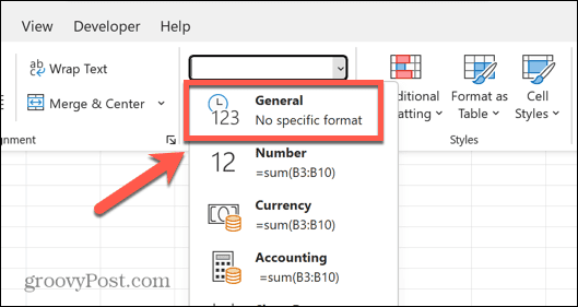 Excel vispārējais formāts