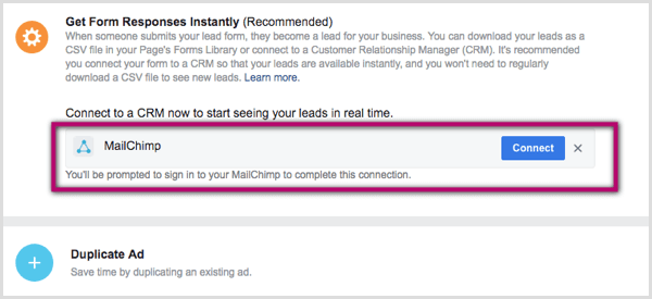 Pievienojiet CRM Facebook vadošajai reklāmai.