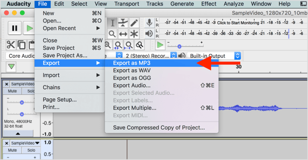 Izvēlieties Fails> Eksportēt> Eksportēt kā MP3, lai lejupielādētu audio failu no Audacity.