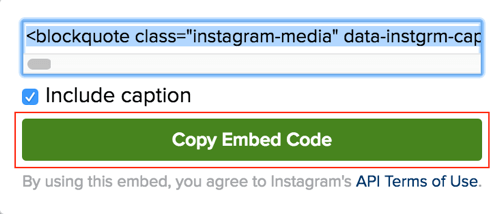 Noklikšķiniet uz zaļās pogas, lai kopētu Instagram ziņu iegulšanas kodu.