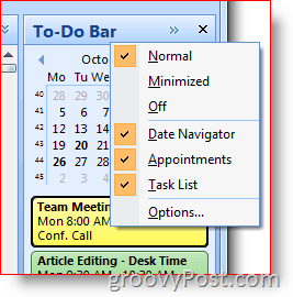 Outlook 2007 uzdevumu josla — ar peles labo pogu noklikšķiniet, lai izvēlētos opcijas