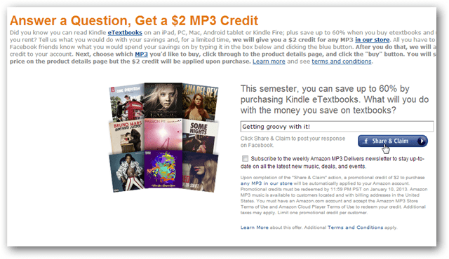 Saņemiet Amazon MP3 2 ASV dolāru kredītu par Facebook pastu