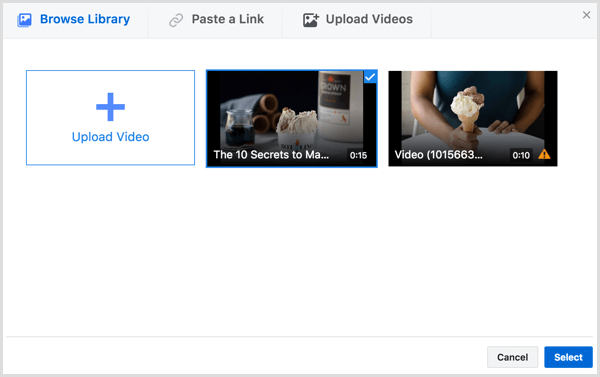 Facebook izveidojiet videoreklāmu, atlasiet videoklipu
