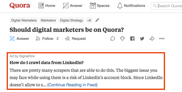 Mārketinga piemērs vietnē Quora ar apmaksātu reklāmu.
