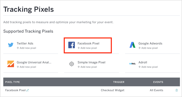 Programmā Eventbrite noklikšķiniet uz Facebook Pixel un ievadiet pikseļa ID un citu informāciju.