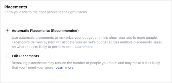 Automātisko izvietojumu opcija ir atlasīta Facebook kampaņai