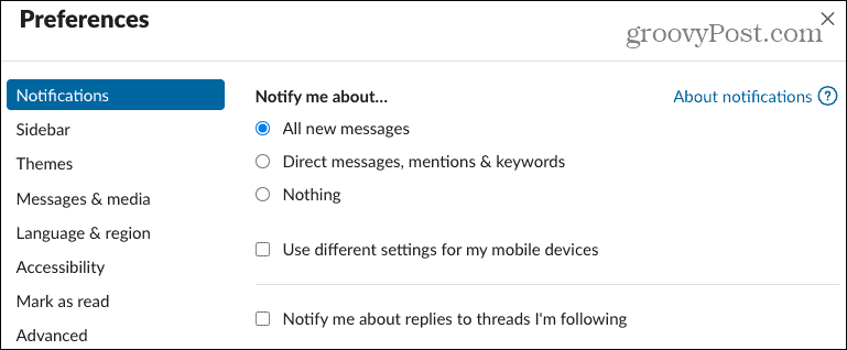Preferences paziņojumi Slack Desktop