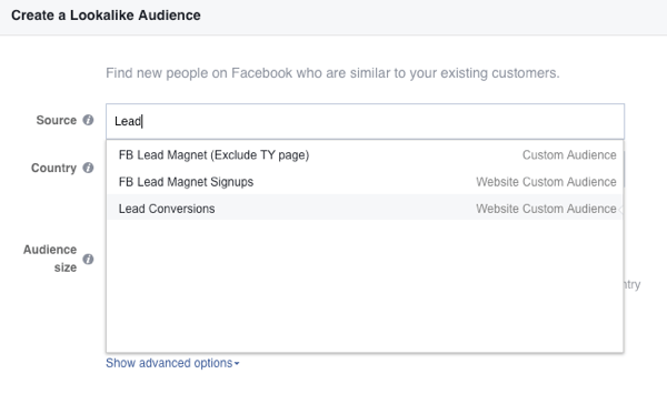 Laukā Avots Facebook atlasiet savas vietnes pielāgoto auditoriju.