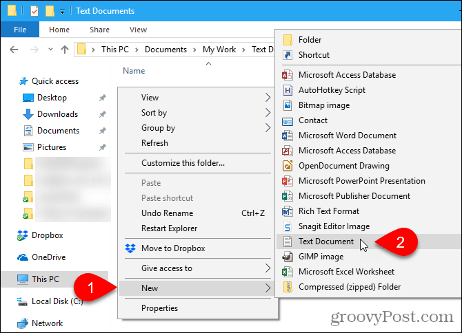 Windows failu pārlūkā dodieties uz Jauns> Teksta dokuments
