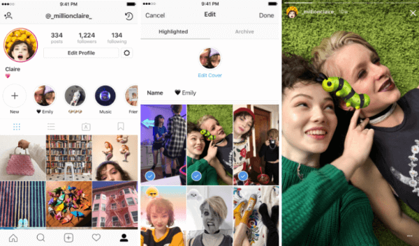 Instagram Stories Highlights ļauj lietotājiem atlasīt un grupēt iepriekšējos stāstus nosauktajās kolekcijās.