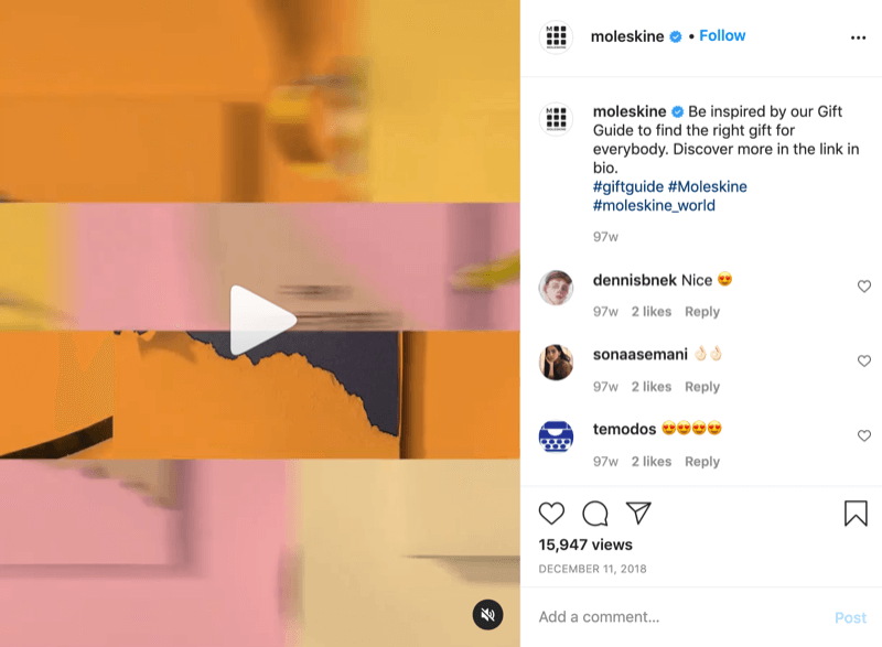 instagram dāvanu idejas video ieraksta piemērs no @moleskine ar aicinājumu uz darbību, novirzot skatītājus uz saiti biogrāfijā, lai uzzinātu vairāk