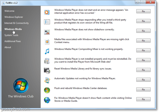FixWin Windows Meda labo ekrānuzņēmumu