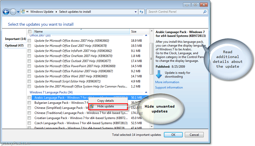 Windows 7 - Windows atjaunināšanas pieejamo atjauninājumu izvēles rūtiņu ekrānuzņēmums