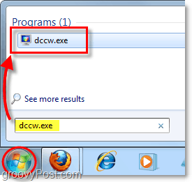 palaidiet dccw no sākuma izvēlnes Windows 7
