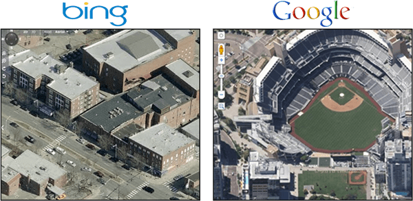 Google Maps augšējais 45 grādu skats Vs. Bing putnu acs