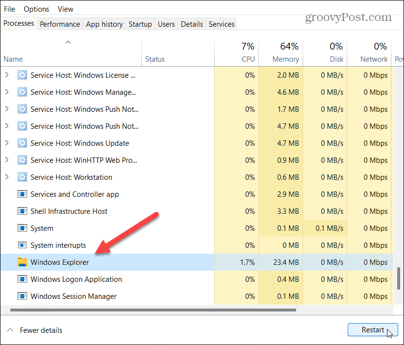 restartējiet Windows Explorer uzdevumu pārvaldnieku