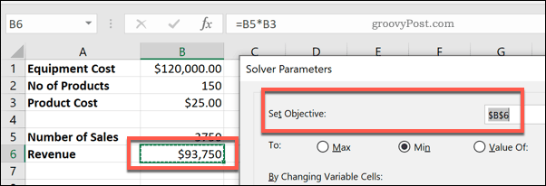 Šūna Set Objective for Solver for Excel