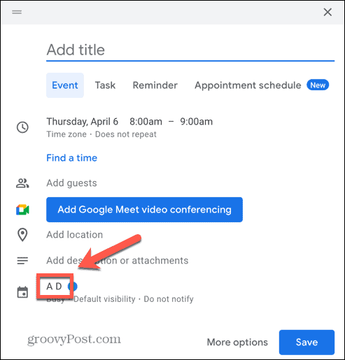 Google kalendāra notikumu kalendāra opcijas ekrānuzņēmums