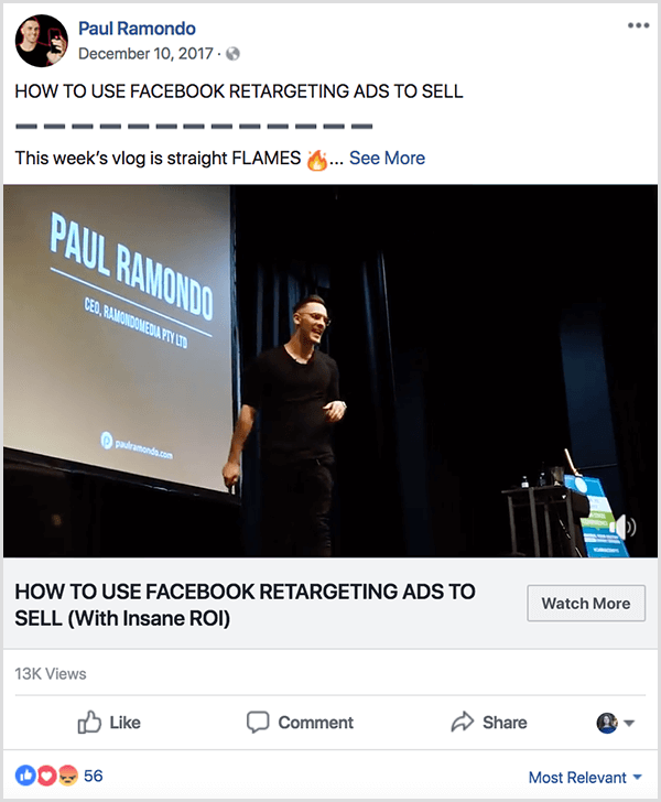 Paul Ramondo vlogā, kas ievietots vietnē facebook, ir teksts Kā izmantot Facebook atkārtotas mērķauditorijas atlases reklāmas, lai pārdotu. Zem šī nosaukuma ir teksts Šīs nedēļas Vlog ir taisnas liesmas, kam seko uguns emocijzīme. Video redzams, kā Pāvils runā uz skatuves liela projektora ekrāna priekšā, kurā redzams viņa vārds un uzņēmuma informācija.