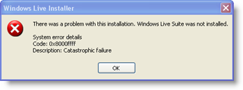 Windows Live Installer System kļūdas kods: 0x8000ffff - katastrofiska kļūme