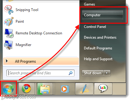 Windows 7 mana datora izvēlne un rāda starta izvēlni orb