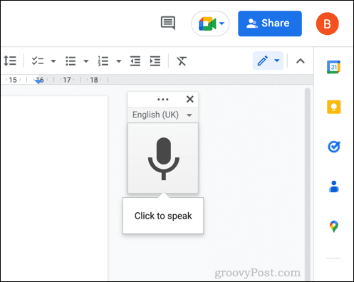 Balss ierakstīšanas izvēlnes lodziņš pakalpojumā Google dokumenti