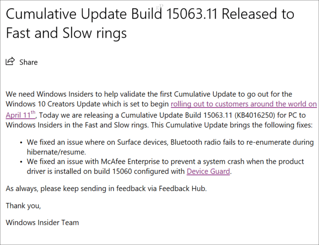 Pirmais kumulatīvais atjauninājums Windows 10 veidotājiem Atbrīvots
