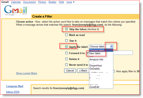 Izveidojiet GMail filtru darbības un piešķiriet etiķeti