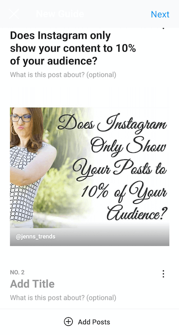 piemērs izveidojiet jaunu instagram ceļvedi ar atlasītu ziņu un nosaukumu "vai instagram parāda tikai jūsu saturs 10% auditorijas ”, kā arī iespējas pievienot ceļveža aprakstu un papildu ziņas