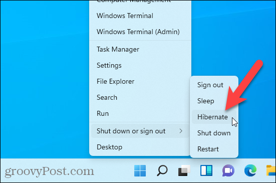 Hibernācijas opcija ir pieejama Windows 11 izvēlnē Windows + X